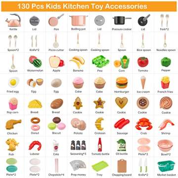 Funpynani 130Pcs Kitchen Playset, Toddler Pretend Cooking Play Pots, Pans, Utensils Cookware, Daily ...