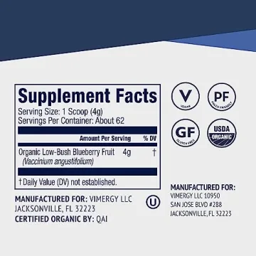 Vimergy Wild Blueberry Powder – Protects Brain Health* - Supports Cardiovascular Function* – Organic, Vegan & Gluten-Free – Regular Size 250g