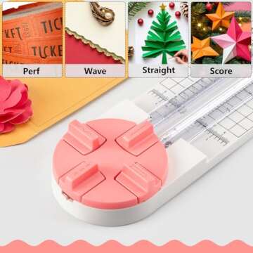 Ecraft Pink Paper Cutter 4-in-1 Paper Trimmer Multi-Function Scrapbooking Tool with Straight, Wave, Perforated & Creasing Blades for Craft Paper,Cardstock, Coupon, Label, Photo,Postcard