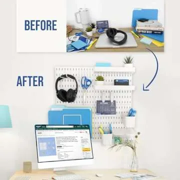 BeyondNovelties Pegboard Combination Kit, 4 Pegboards and 16 Accessories Modular Hanging for Wall Organizer, Crafts Organization, Ornaments Display, Nursery Storage, 22" x 22", White | Peg Board