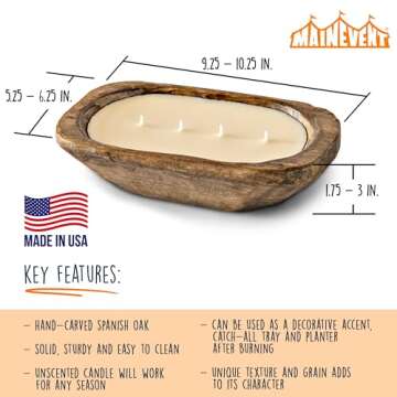 Wooden Dough Bowl Candle 10 Inch, Soy Candle, Farmhouse Candles for Table, Wood Boat 4 Wick, Décor, Unscented