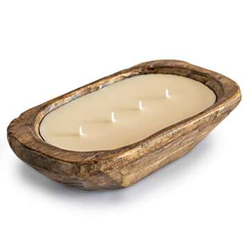 Wooden Dough Bowl Candle 10 Inch, Soy Candle, Farmhouse Candles for Table, Wood Boat 4 Wick, Décor, Unscented
