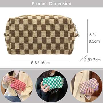 PAZIMIIK Checkered Makeup Bag for Purse Portable Zipper Make Up Pouch Small Cosmetic Case for Travel Accessories (Coffee)