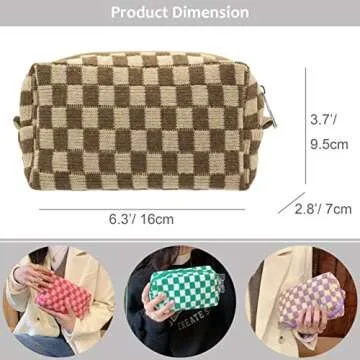 PAZIMIIK Checkered Makeup Bag for Purse Portable Zipper Make Up Pouch Small Cosmetic Case for Travel Accessories (Coffee)
