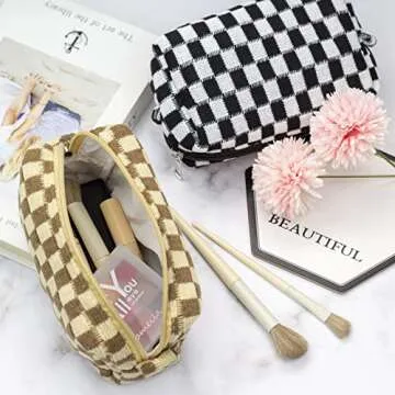 PAZIMIIK Checkered Makeup Bag for Purse Portable Zipper Make Up Pouch Small Cosmetic Case for Travel Accessories (Coffee)