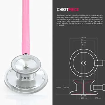 MDF Instruments, Acoustica Lightweight Stethoscope for Doctors, Nurses, Students, Home Health Use, Adult, Dual Head, Pink Tube, Silver Chestpiece-Headset, MDF747XP01