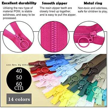 Wonesifee Zippers Colorful Resin 14pcs Zippers with Ring Pulls #3 Plastic Zippers with Lifting Separating Zipper for Clothes DIY Children Coat Sewing Craft Mixed 14 Colors Resin Zippers (40cm) 16inch