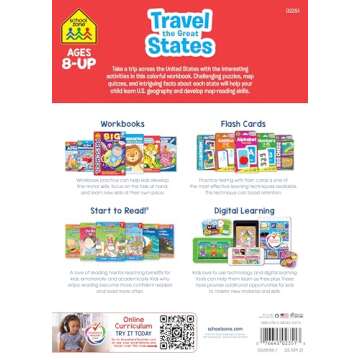 School Zone Travel the Great States Workbook: 64 Pages, 3rd Grade, Geography, Map-Reading, United St...