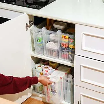 Qunclay 6 Pcs Plastic Kitchen Organizer Bin with Easy to Grip Integrated Handles and wheel,3 Sizes Freezer Organizer Bins for Kitchen, Fridge, Freezer, Pantry and Cabinet Organization(3 Sizes)
