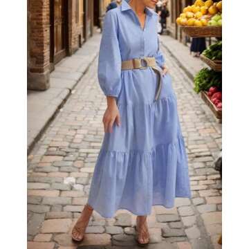 Women's Summer Maxi Dress: Casual Button Up Cotton Linen Style with Smocked Flowy Tiered Skirt