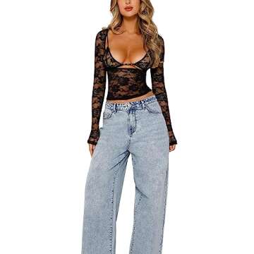 Pivanzore Women Going Out Tops Long Sleeve Sexy Lace Mesh Sheer Y2k Crop Top T Shirts Blouse 2024 Wo...