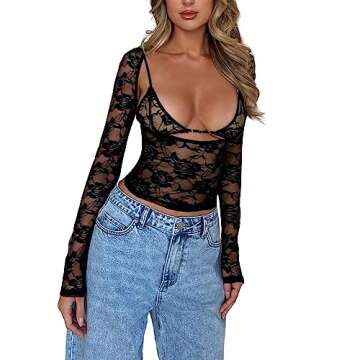 Pivanzore Women Going Out Tops Long Sleeve Sexy Lace Mesh Sheer Y2k Crop Top T Shirts Blouse 2024 Women Clothing Streetwear
