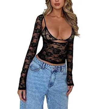 Pivanzore Women Going Out Tops Long Sleeve Sexy Lace Mesh Sheer Y2k Crop Top T Shirts Blouse 2024 Women Clothing Streetwear