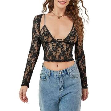 Pivanzore Women Going Out Tops Long Sleeve Sexy Lace Mesh Sheer Y2k Crop Top T Shirts Blouse 2024 Women Clothing Streetwear