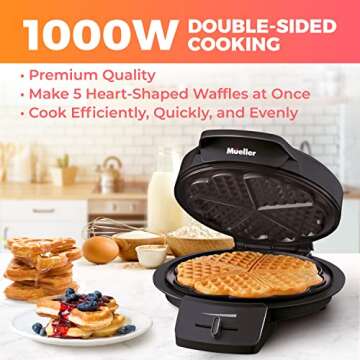 Mueller Heart Waffle Maker, 5 Waffle Iron, Adjustable Browning Control & Nonstick, Cool Touch Handle...