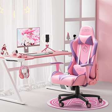 Homall Girl Racing Office Gaming Chair High Back Computer Desk Chair Leather Executive Adjustable Swivel with Headrest and Lumbar Support (Pink)