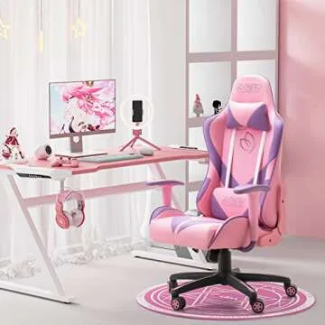 Homall Girl Racing Office Gaming Chair High Back Computer Desk Chair Leather Executive Adjustable Swivel with Headrest and Lumbar Support (Pink)