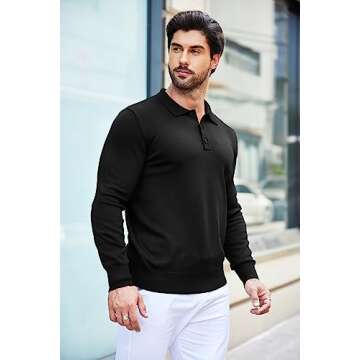 COOFANDY Mens Polo Shirts Quarter Neck Pullover Long Sleeve Knit Lightweight Sweater Black