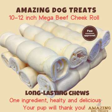 Amazing Dog Treats - Beef Cheek Rolls (Mega Thick 10" - 3 Pcs) - Safe Rawhide Alternative Dog Chew -...