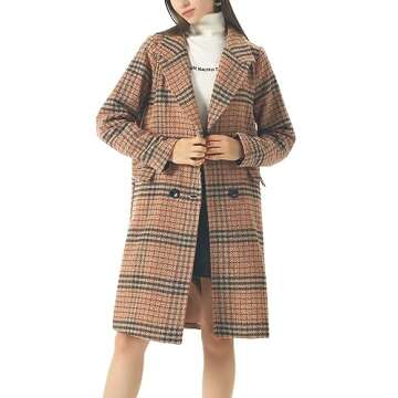 chouyatou Women's Classic Notched Collar Double Breasted Plaid Wool Blend Long Trench Coat (Plaid-Brown, Small)