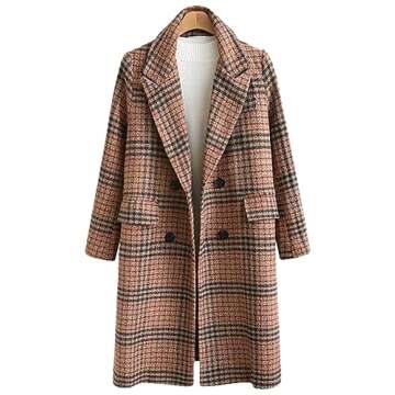 chouyatou Women's Classic Notched Collar Double Breasted Plaid Wool Blend Long Trench Coat (Plaid-Brown, Small)