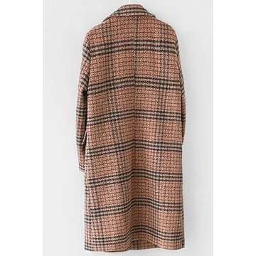 chouyatou Women's Classic Notched Collar Double Breasted Plaid Wool Blend Long Trench Coat (Plaid-Brown, Small)