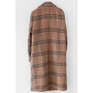 chouyatou Women's Classic Notched Collar Double Breasted Plaid Wool Blend Long Trench Coat (Plaid-Brown, Small)