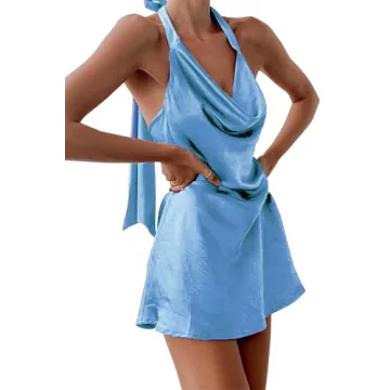 Cantonwalker Women's Cowl Neck Halterneck Slip On Backless Satin Mini Dress Sexy Silky Party Club Bo...