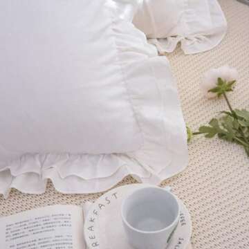 Lemfux White Cotton Ruffle Euro Pillow Shams 24 * 24inch Shabby Chic Decorative Pillow Covers Feminine Ruffled Christmas Pillow Cases, Set of 2