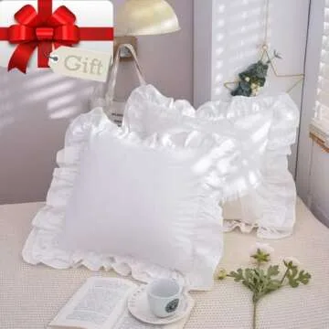 Lemfux White Cotton Ruffle Euro Pillow Shams 24 * 24inch Shabby Chic Decorative Pillow Covers Feminine Ruffled Christmas Pillow Cases, Set of 2