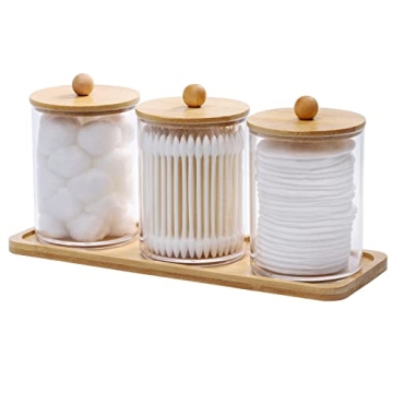 Tbestmax 10 Oz Cotton Swab/Ball/Pad Holder with Vanity Tray, Qtip Apothecary Jar, Clear Bathroom Con...