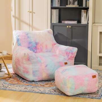 Cvortll Bean Bag Chair and Ottoman Set - Comfy Faux Fur Lounge Sofa