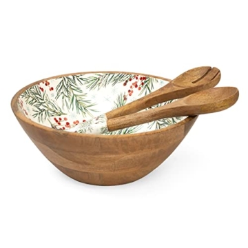 Folkulture Wooden Salad Bowl Set with Servers, 12" D x 5" H, Christmas Salad Bowl, Large Serving Bow...