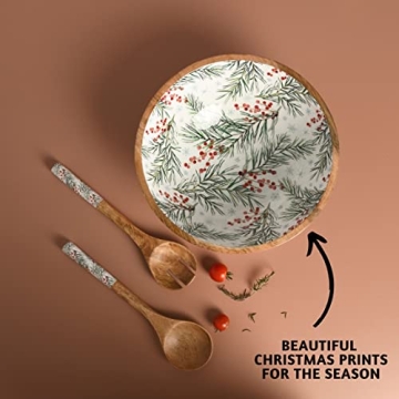 Folkulture Christmas Wooden Salad Bowl Set with Servers