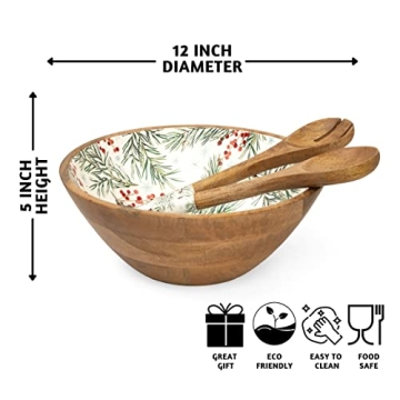 Folkulture Christmas Wooden Salad Bowl Set with Servers