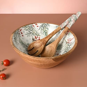 Folkulture Christmas Wooden Salad Bowl Set with Servers