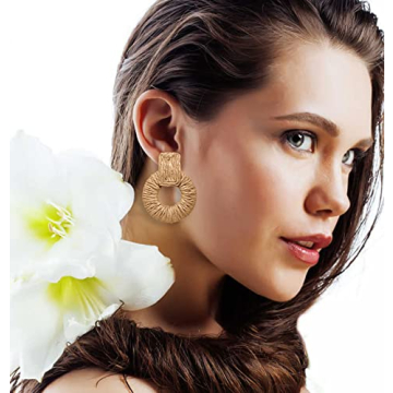 ELEARD Rattan Earrings for Women Handmade Straw Raffia Woven Hoop Dangle Earrings Boho Summer Beach Accessories Gifts