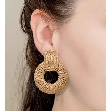 ELEARD Rattan Earrings for Women Handmade Straw Raffia Woven Hoop Dangle Earrings Boho Summer Beach Accessories Gifts