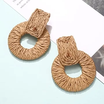 ELEARD Rattan Earrings for Women Handmade Straw Raffia Woven Hoop Dangle Earrings Boho Summer Beach Accessories Gifts