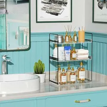 NPPLUS Bathroom Countertop Organizer, 3 Tier Metal Vanity Counter Skincare Shelf, Matte Black ​Under Sink with Acrylic Tray, Home Storage Holder for Makeup Cosmetics Perfume Spice,Black+Clear