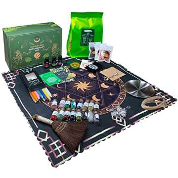 New Witchcraft Supplies Witch Stuff Spell Kit, 127 Packs Wiccan Supplies and Tools, Including Dried Herb Crystal Candle Bell Broom Altar Cloth Bowl Black Salt, Witch Gift Starter Kit Altar Supplies