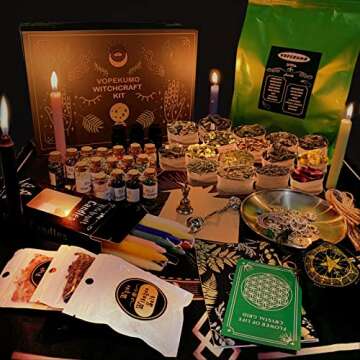 New Witchcraft Supplies Witch Stuff Spell Kit, 127 Packs Wiccan Supplies and Tools, Including Dried Herb Crystal Candle Bell Broom Altar Cloth Bowl Black Salt, Witch Gift Starter Kit Altar Supplies