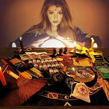 New Witchcraft Supplies Witch Stuff Spell Kit, 127 Packs Wiccan Supplies and Tools, Including Dried Herb Crystal Candle Bell Broom Altar Cloth Bowl Black Salt, Witch Gift Starter Kit Altar Supplies