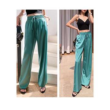 Snoly Women's Summer Ice Silk Pants High Waist Wide Leg Full Length Loose Casual Sweatpants (Green, ...