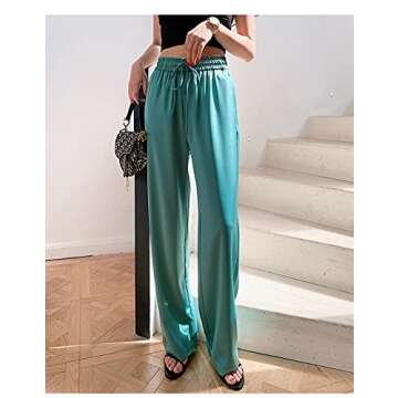 Snoly Women's Summer Ice Silk Pants High Waist Wide Leg Full Length Loose Casual Sweatpants (Green, Medium, m)
