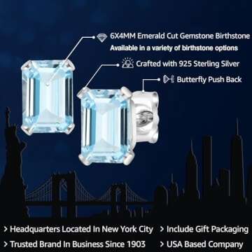 Gem Stone King 925 Sterling Silver 6X4MM Emerald Cut Gemstone Birthstone Stud Earrings For Women Men