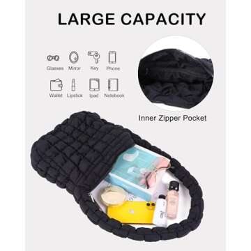 Rejolly Puffer Quilted Shoulder Bag for Women Puffy Bubble Tote Bag Lightweight Nylon Handbag Padded Soft Purse Black