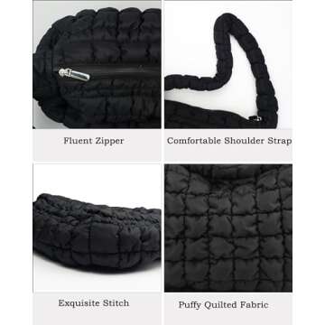 Rejolly Puffer Quilted Shoulder Bag for Women Puffy Bubble Tote Bag Lightweight Nylon Handbag Padded Soft Purse Black