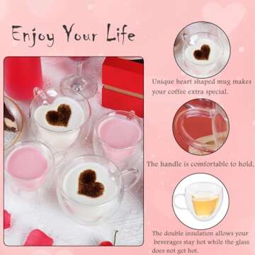 WHJY Double Wall Glass Coffee Mugs，Clear Coffee Cups Clear Unique Coffee Cups Heart Shaped Mug 5 oz Espresso Cups Heart Mugs Set of 2