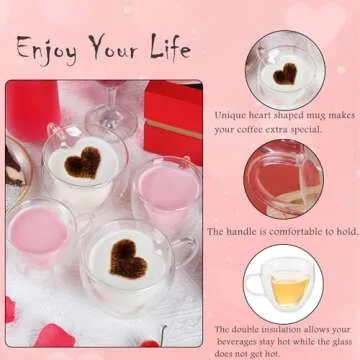 WHJY Double Wall Glass Coffee Mugs，Clear Coffee Cups Clear Unique Coffee Cups Heart Shaped Mug 5 oz Espresso Cups Heart Mugs Set of 2